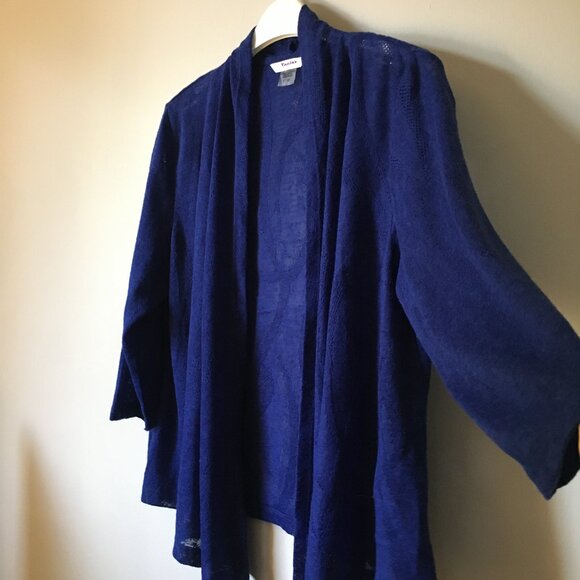 Phthalo Blue Mesh 3/4 Sleeve Open Waterfall Cardigan - Picture 3 of 14